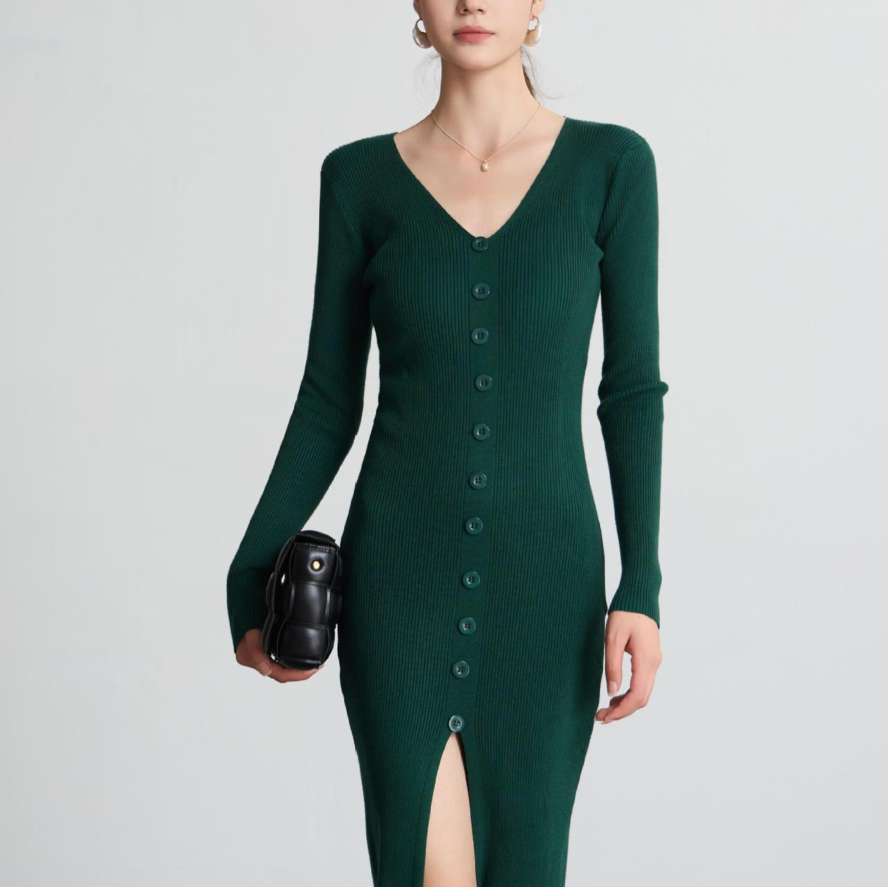 V-neck Knitted Dress Slim Slimming Temperament Single-breasted Hip-wrapped Mid-length Dress