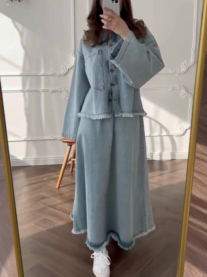 Light Blue Denim Jacket And Maxi Skirt Set