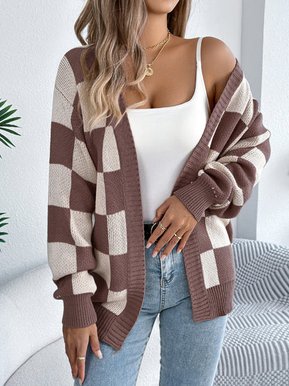 Color Block Plaid Lantern Sleeve Cardigan Sweater Mid-Length Coat