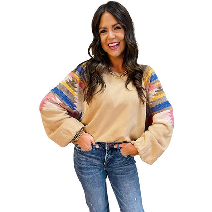 Women's Color Matching Printed Loose Long Sleeves Top