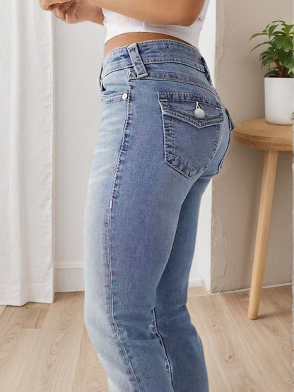 Women's High Waisted Elastic Slim Fit Wide Leg Jeans - Retro Washed Light Blue, All Season Casual Pants, Built-in Zipper, Machine Washable, Multifunctional, Comfortable And Fashionable Clothing