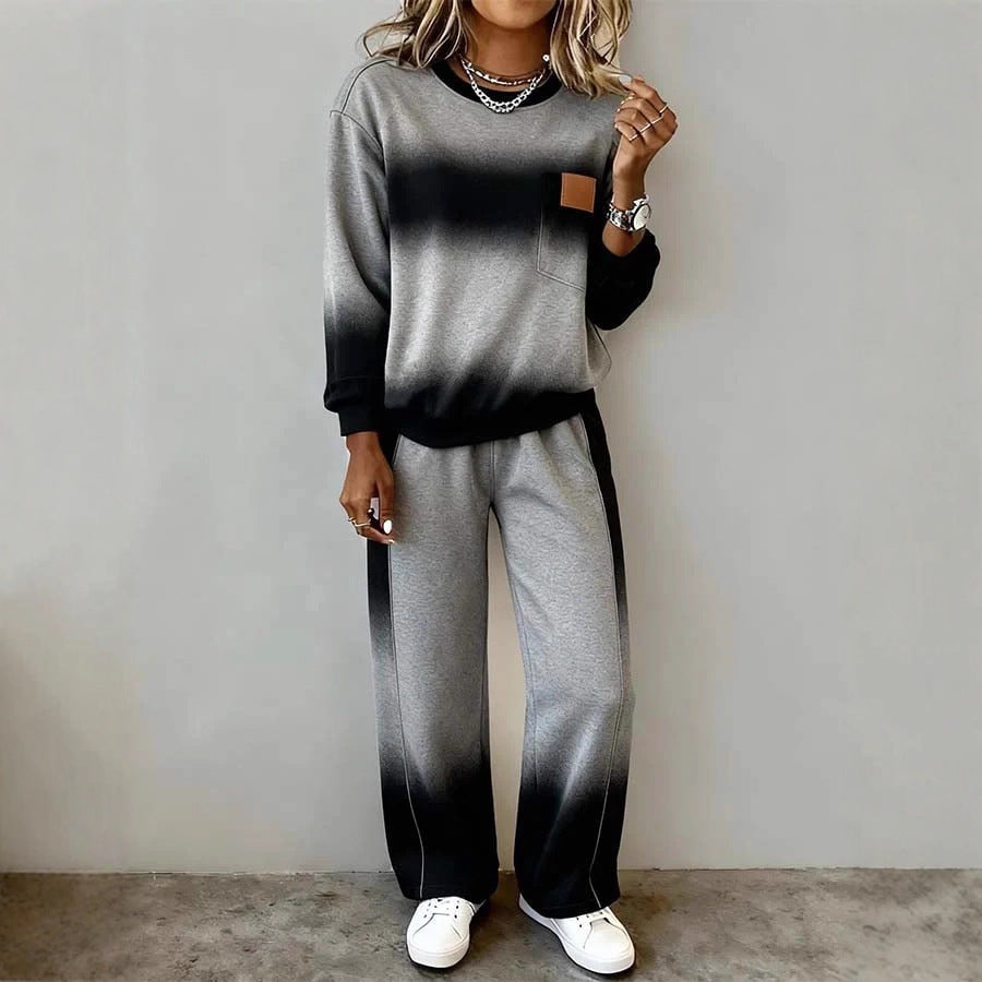 Women's Top With Slit Long Sleeve Round Neck Casual Solid Color Set