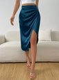 Summer Women Pleated Slit Satin Skirt
