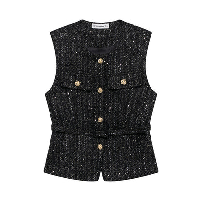Spring New Casual Belt Vest Women's Clothing With Belt Texture Vest