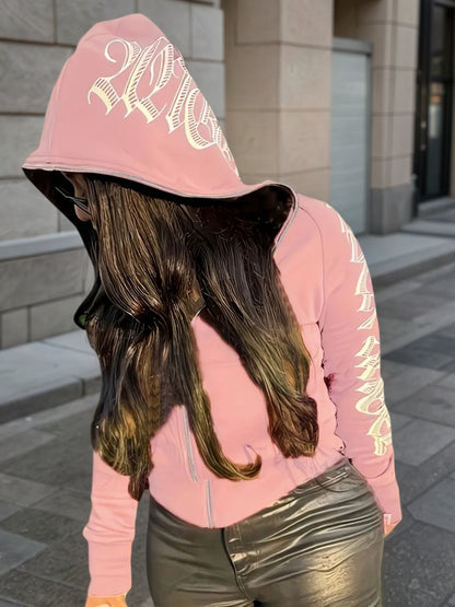 2025 New Letter Printed Long Sleeve Zipper Hoodie, Gothic Punk Hoodie