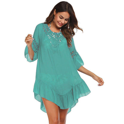 Hand Crocheting Stitching Smock Dress Beach Cover-up Slub Cotton Crochet