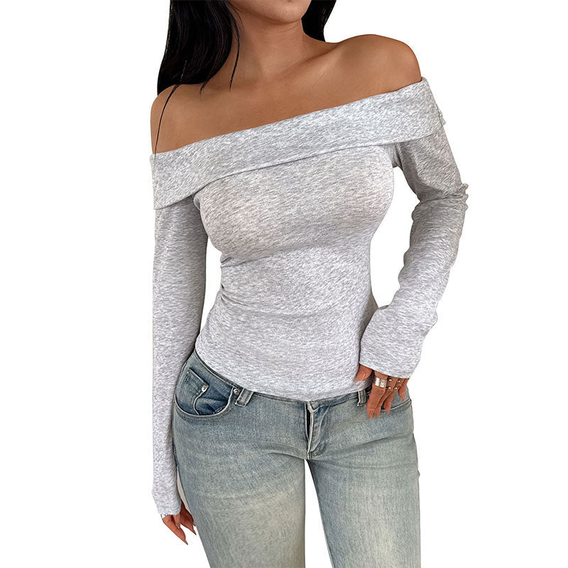 Light Gray Slim Fit Hot Girl Off-shoulder T-shirt