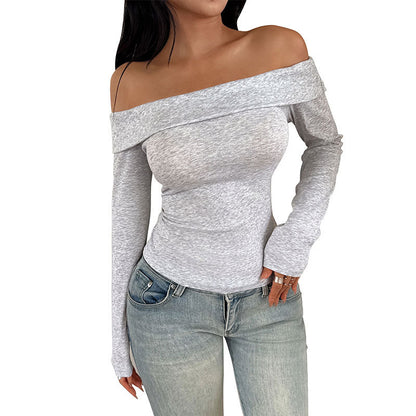 Light Gray Slim Fit Hot Girl Off-shoulder T-shirt