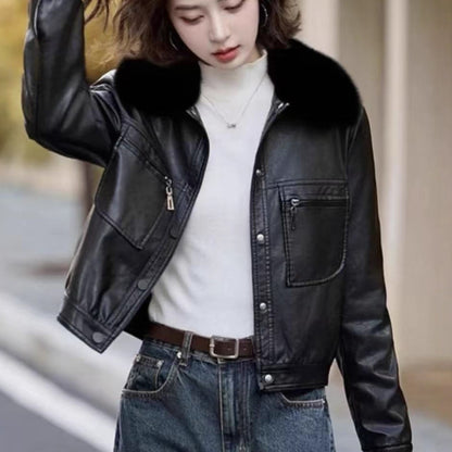 Fleece-lined Thickened Western Style Fashion Short Lapel PU Women's Coat