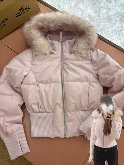 Women's Versatile American Retro Fur-collar Hooded Short Cotton Jacket