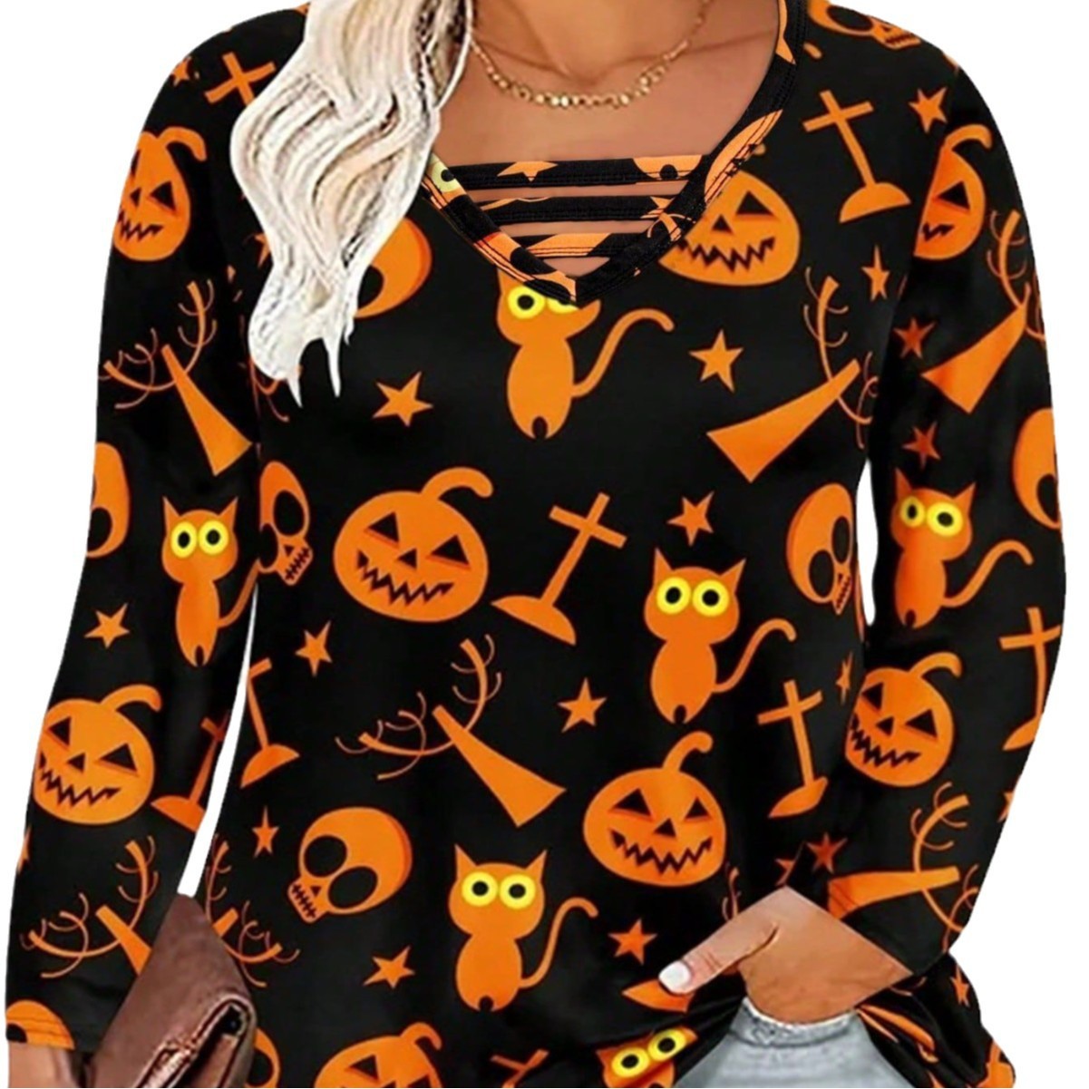 Digital Printing Halloween Round Neck Long Sleeve Plus Size T-shirt