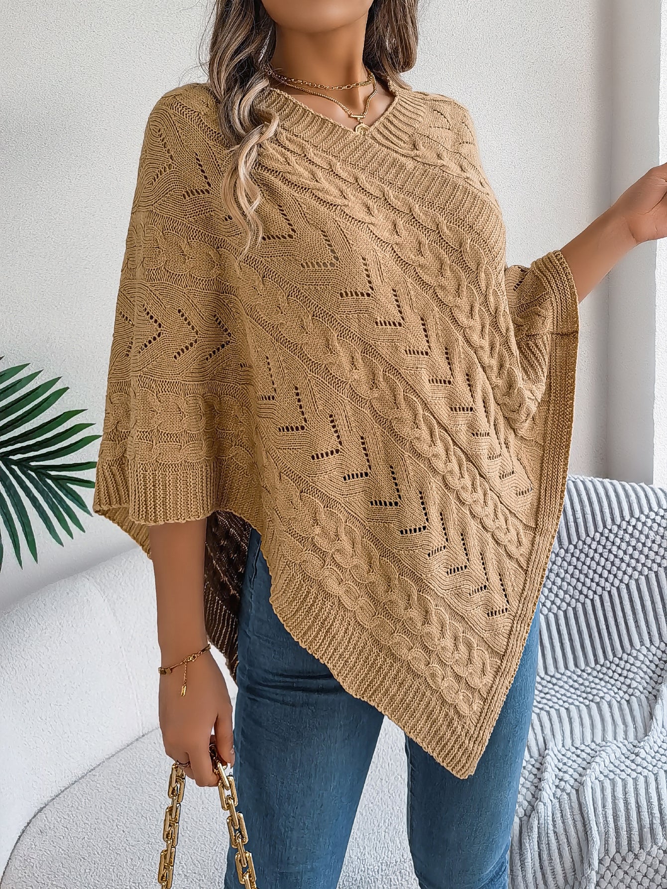 Casual Solid Color Cable Knit Loose Poncho Sweater Coat