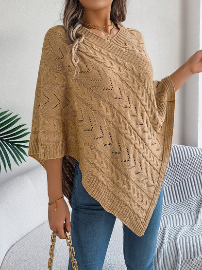 Casual Solid Color Cable Knit Loose Poncho Sweater Coat