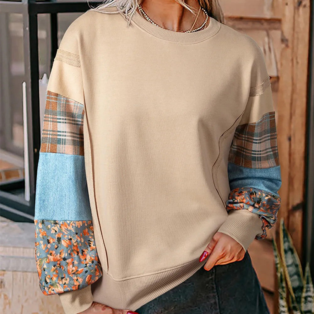 Women's Casual Patchwork Printed Sleeve Pullover Sweater