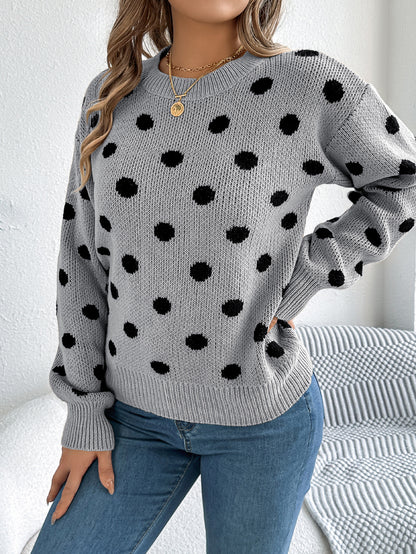 Casual Color Block Polka Dot Long Sleeve Pullover Sweater