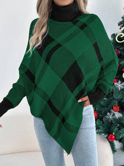 Casual Color Block Plaid High Neck Long Sleeve Poncho Sweater