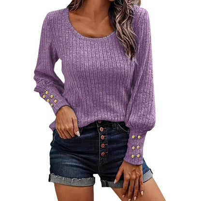 Solid Color Button Round Neck Long Sleeve Sweater