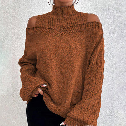 Women's Cold Shoulder Sweater - Sexy High Neck Cut Out Pullover Long Sleeve Top