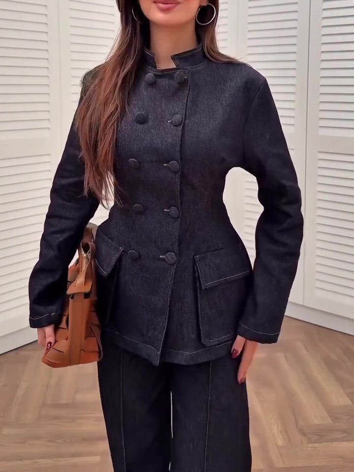 Dark Blue Denim Peplum Jacket And Flared Pants Set