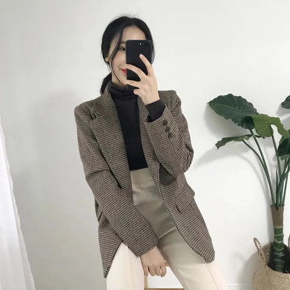 Houndstooth Retro Loose Slimming Woolen Blazer