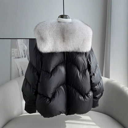 Polyester Women's Loose Thick Cotton Coat With Fur Collar