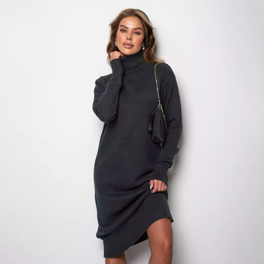 Women's High Collar Loose Inner Solid Color Knitted Dress