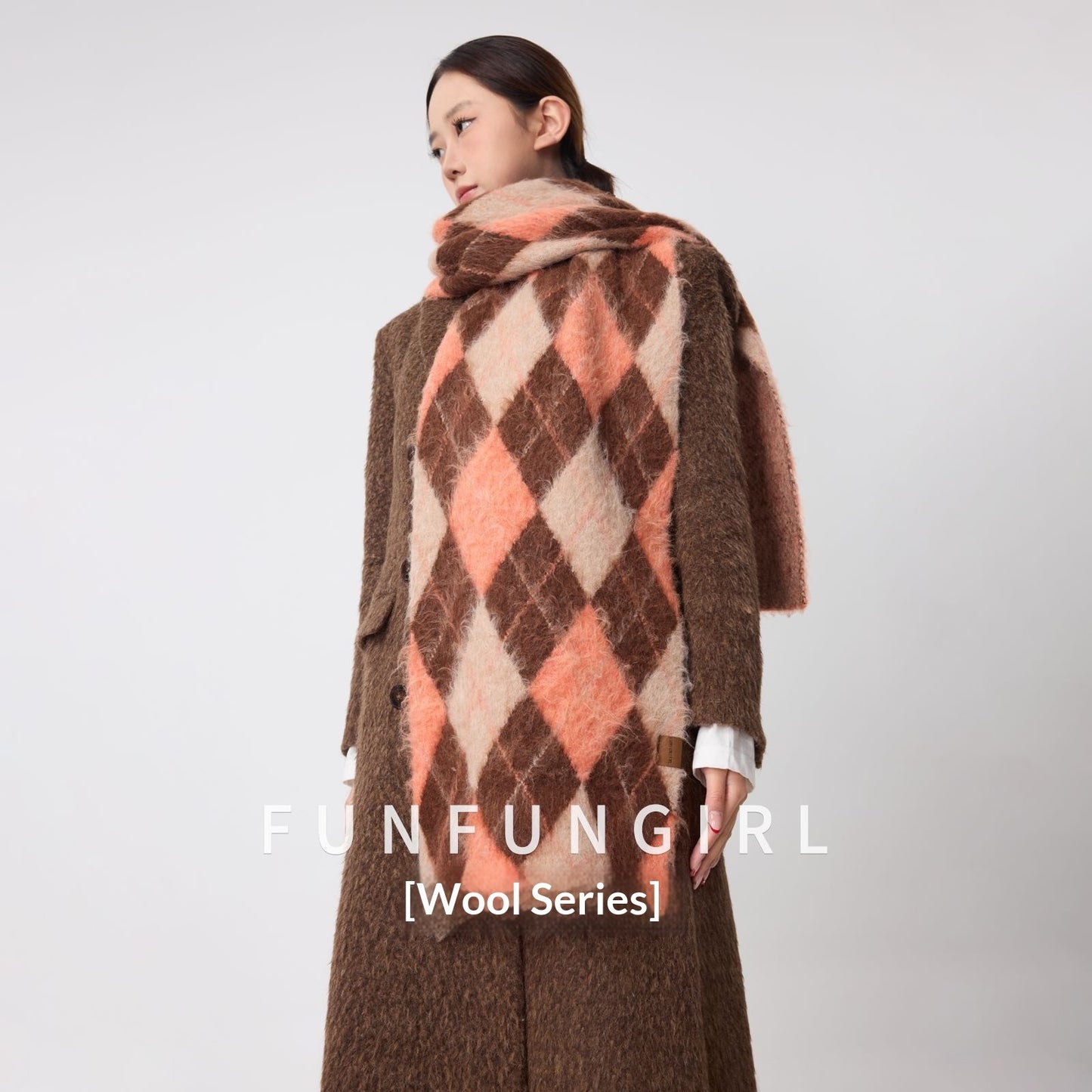 Diamond Pattern Retro Scarf With Wool Neck Warmer