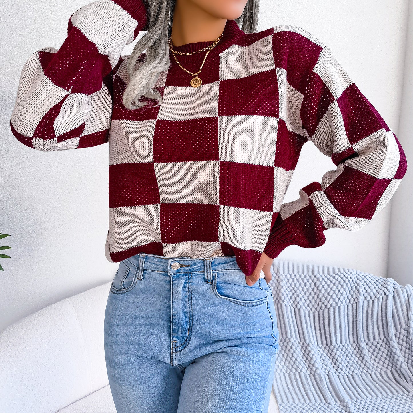 Street Style Color Block Plaid Long Sleeve Pullover Knit Sweater