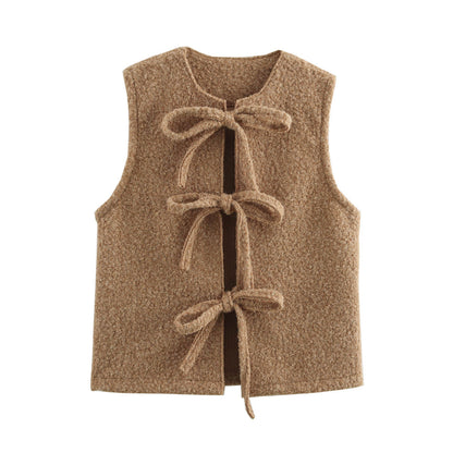 European And American Autumn And Winter New Wool Quality Bowknot Decoration Vest Coat Women's Clothing