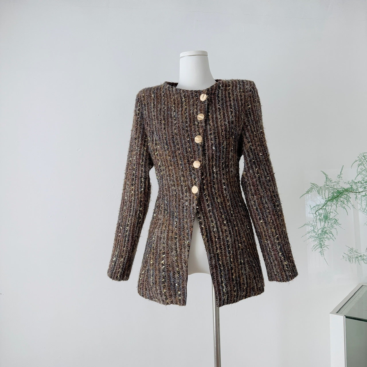 Brown Old Money Style Coat Women's Tight Waist Slim Fit Gold Buckle Handsome Wool Coat