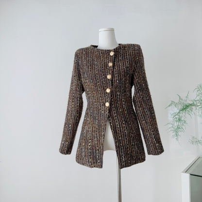 Brown Old Money Style Coat Women's Tight Waist Slim Fit Gold Buckle Handsome Wool Coat