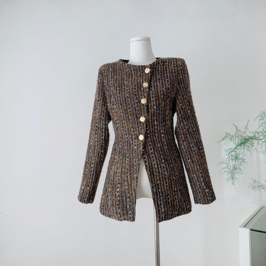 Brown Old Money Style Coat Women's Tight Waist Slim Fit Gold Buckle Handsome Wool Coat