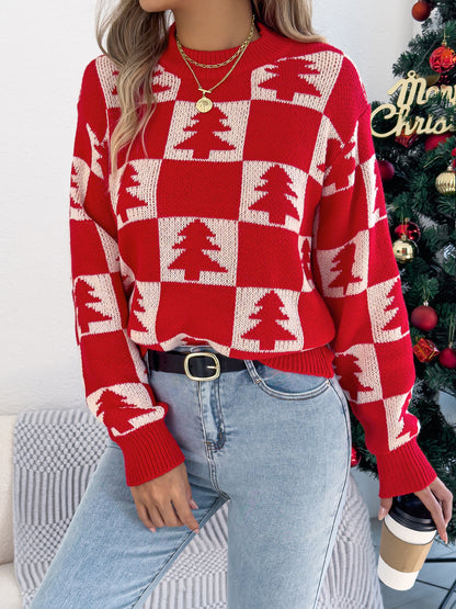 Christmas Tree Plaid Lantern Sleeve Pullover Sweater