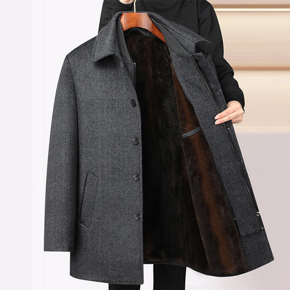 Men's Woolen Coat Mid-length Fleece Plaid Detachable Double Collar