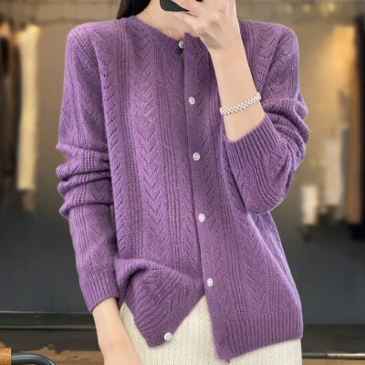 Round Neck Cardigan Hollow Cashmere Sweater Coat For Women