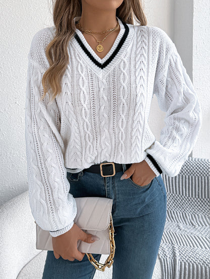 Color Block V-Neck Cable Knit Lantern Sleeve Sweater
