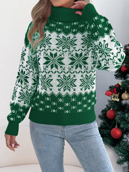 Snowflake Pattern Lantern Sleeve Turtleneck Pullover Sweater