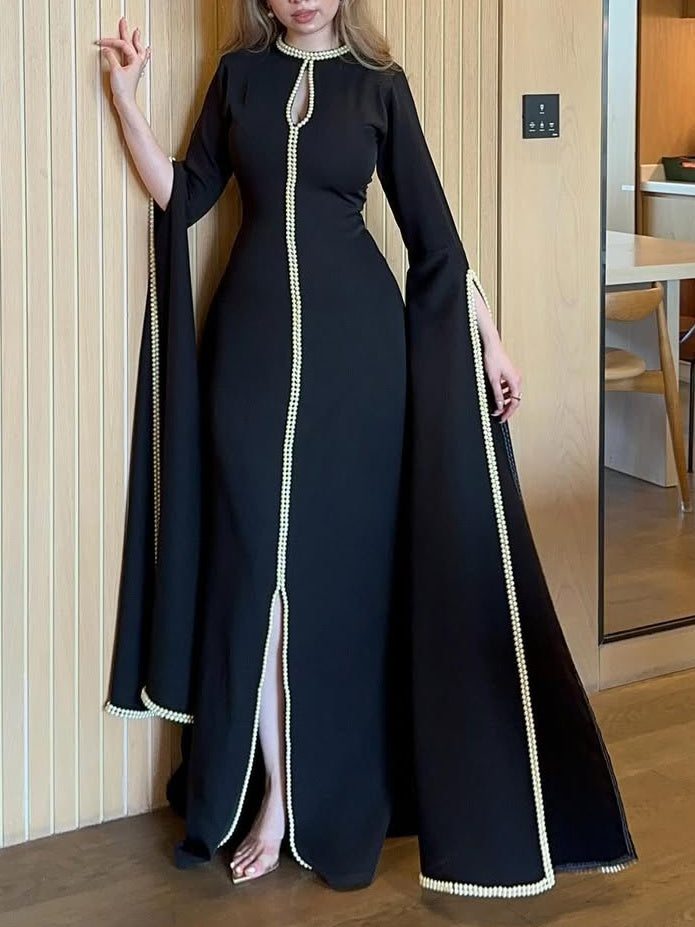 Black Maxi Dress With Pearl Trim And Cape Sleeves