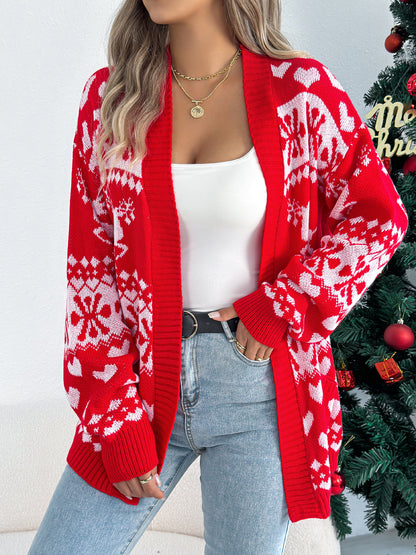 Christmas Deer Pocket Long Sleeve Cardigan Sweater Coat