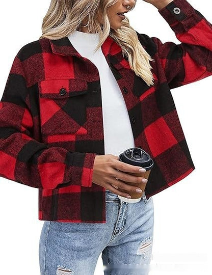 Top Women's Flannel Short Jacket Plaid Button Shirt
