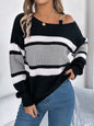Casual Color Block Striped Lantern Sleeve Metal Button Off-Shoulder Pullover Sweater