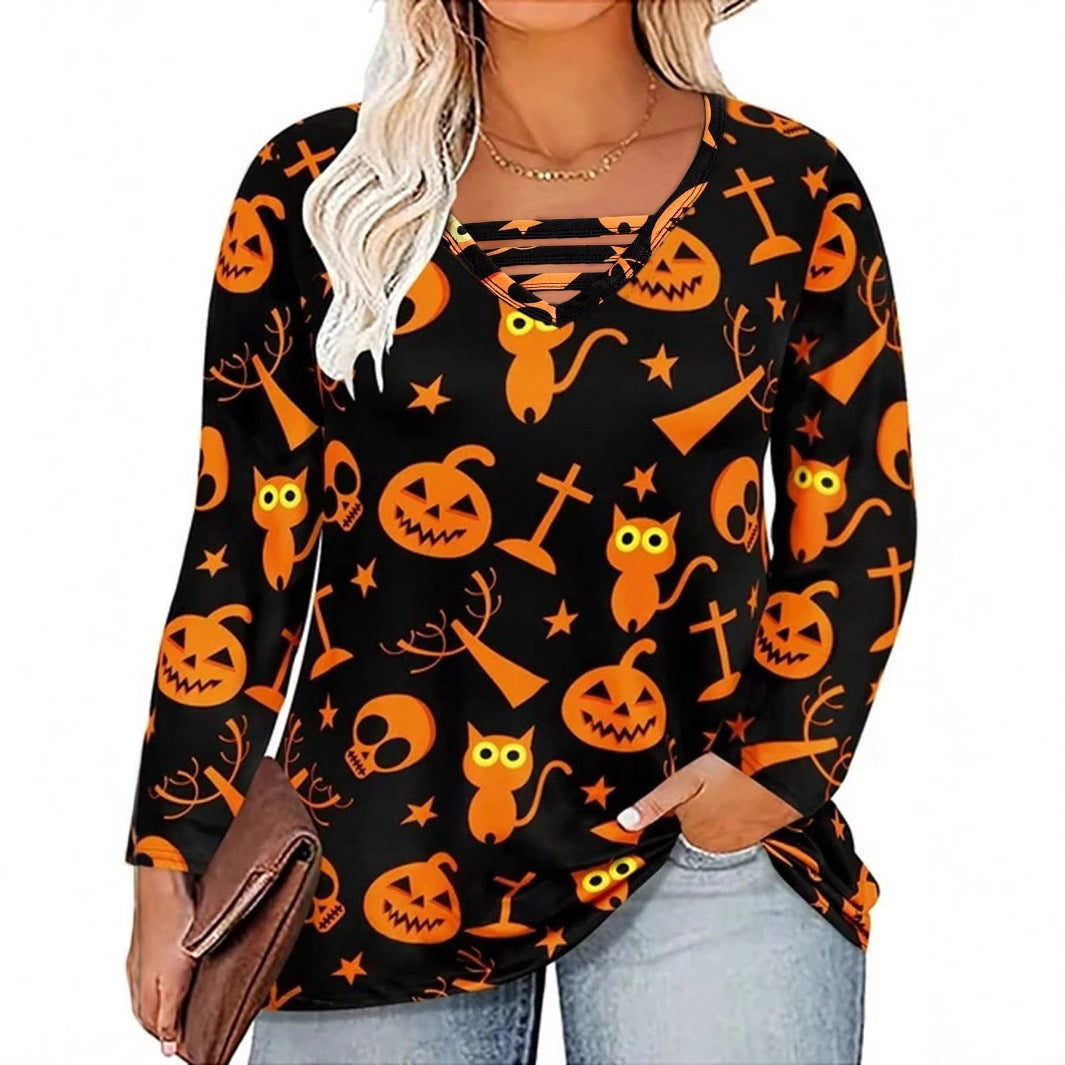 Digital Printing Halloween Round Neck Long Sleeve Plus Size T-shirt