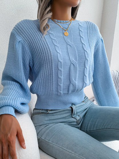 Women Casual Cable Knit Lantern Sleeve Cinched Sweater