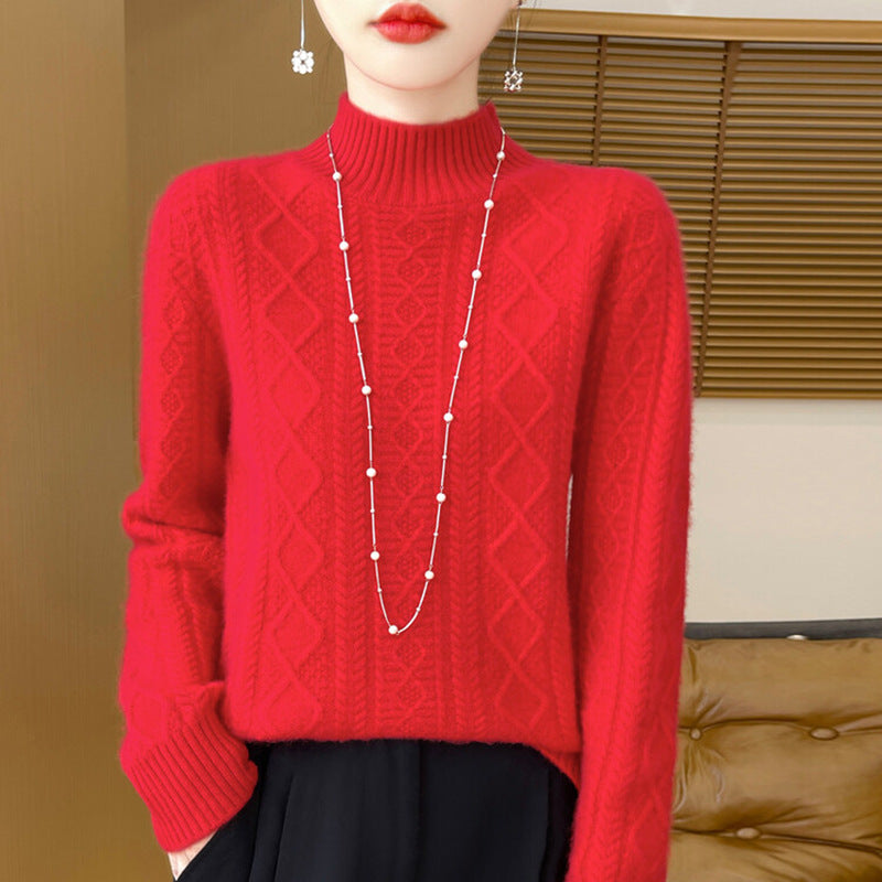 Women's Semi-High Neck Versatile Loose Knit Sweater Thickened Base Layer