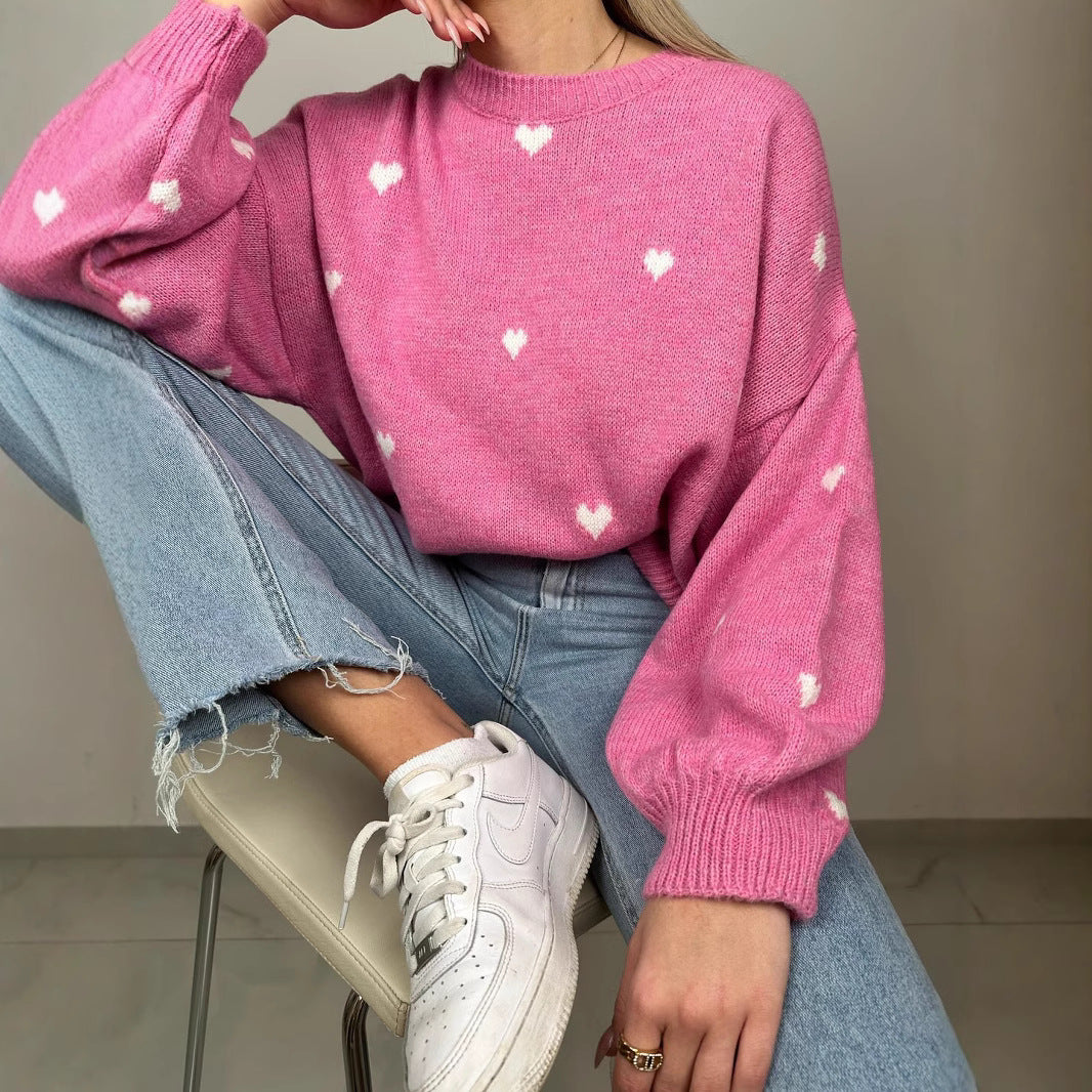 Knitted Heart Round Neck Casual Sweater