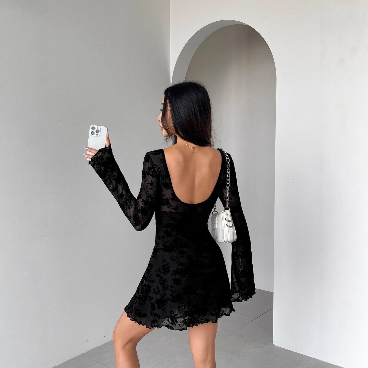 Women's Flocking Long Sleeve Floral Hollow Bow Dress