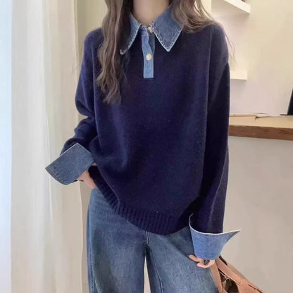 Simple Versatile Stand Collar Denim Stitching Loose Temperament Lazy Top
