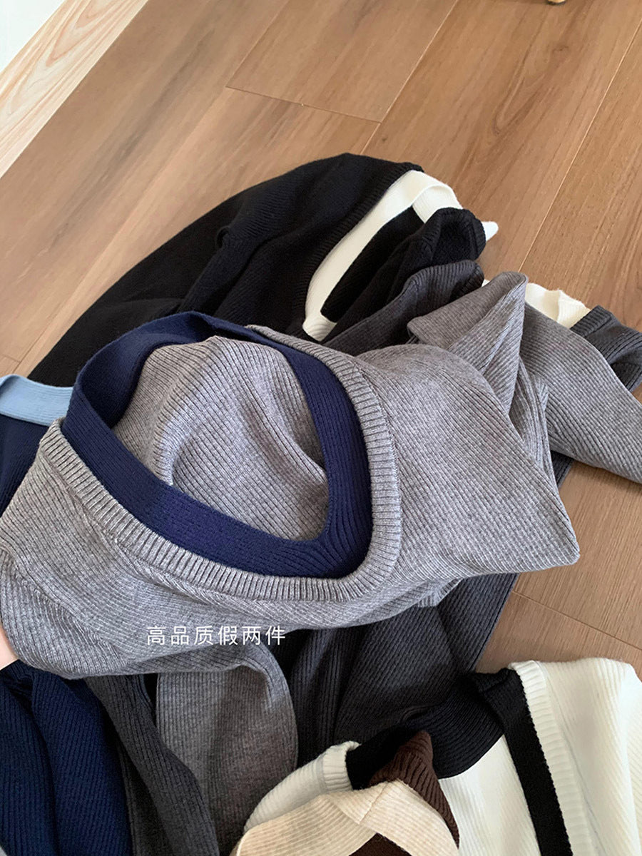 Contrast Color V-neck Long-sleeve Knitwear Sweater Top