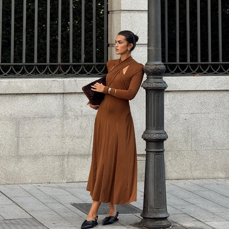 Fashion Slim Fit Pure Color Halter Long Sleeve Dress