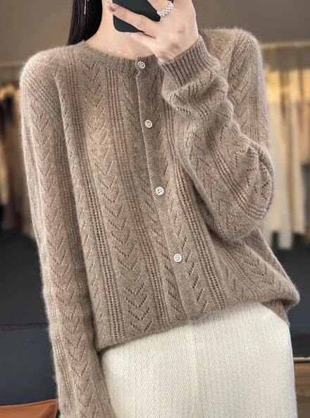 Round Neck Cardigan Hollow Cashmere Sweater Coat For Women
